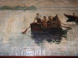 painting of a group of people in a boat on a body of water
