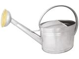silver metal watering can with a yellow handle on a white background