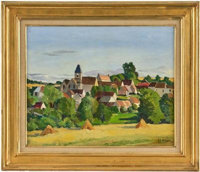 un tableau représentant un village avec une église au loin