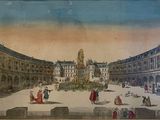 a painting of a courtyard with a fountain in the middle