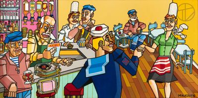 a cartoon picture of a group of people in a restaurant