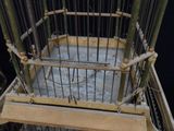 a bird cage that has a bird inside of it