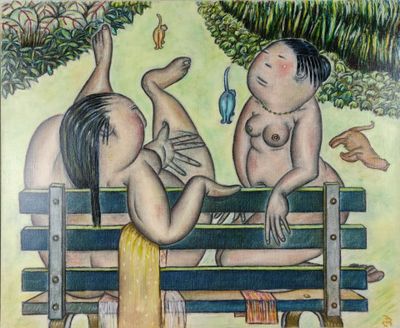 une peinture représentant un homme et une femme assis sur un banc