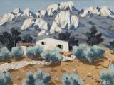 an oil painting of a house in a desert with mountains in the background