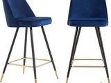 two blue velvet bar stools with gold legs