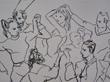 drawing of a group of people in a circle surrounded by music notes