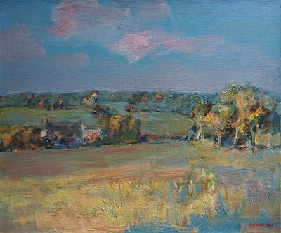 une peinture à l'huile d'un champ avec des arbres au loin