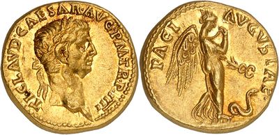 a gold coin with an image of a woman and a man on it