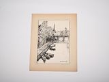 a black and white drawing of a bridge over a body of water