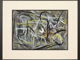 une peinture en noir et blanc sur laquelle figurent des lignes jaunes