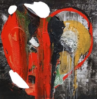 une peinture représentant un cœur rouge orné de plumes blanches