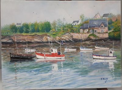 Alain BOUJU (né en 1948) "Marine, dans le port de Doélan, Br…