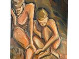 tableau représentant deux nus assis par terre, les mains jointes