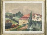 une image d'une peinture représentant une maison sur une colline