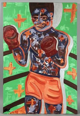 an oil painting of a man with boxing gloves on a green background