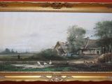 une peinture à l'huile représentant une scène de vie à la ferme avec des moutons au premier plan