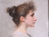 painting of a woman with a messy bun in a white dress