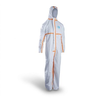 a person wearing a white and orange coverall with a hood