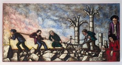 painting of a painting of a group of people working on a pile of rocks