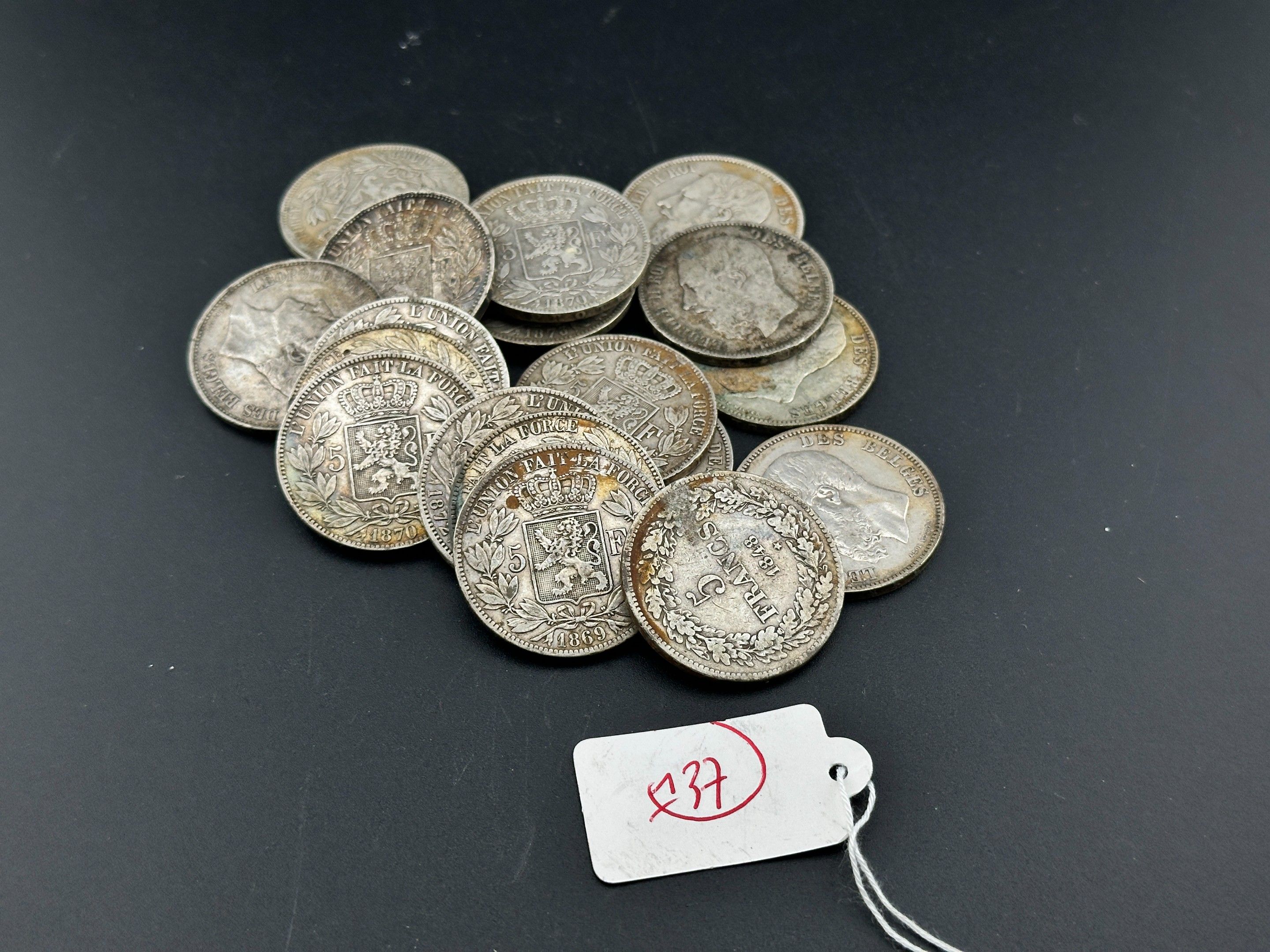 20 monnaie de 5 Francs argent, Belgique XIXième.