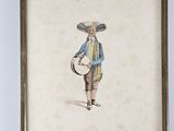 painting of a man in a blue coat and hat holding a drum