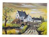 une peinture représentant une maison blanche au bord de la route