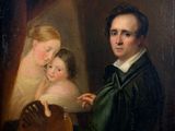 tableau représentant un homme tenant un enfant et un éventail devant un miroir