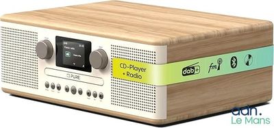 an image of a wooden radio with a clock on it