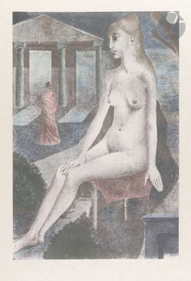 painting of a nude woman sitting on a chair in front of a building