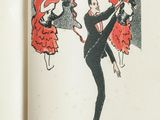 an open book with a drawing of a man in a tuxedo and a woman in a red dress