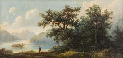 une peinture à l'huile représentant un homme et une femme debout au bord d'une rivière