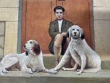 a painting of a man sitting on the steps with two dogs