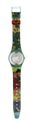 un gros plan d'une montre colorée sur fond blanc