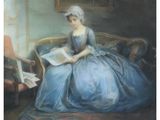 a painting of a woman sitting on a couch reading a book