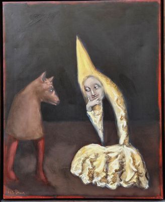 tableau représentant un homme avec une banane sur la tête, à côté d'un chat