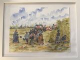 framed watercolor painting of a group of people in a field