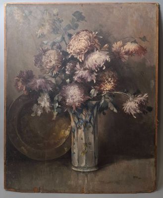 Honoré CAMOS (1906-1991) Bouquet de chrysanthèmes au plat en… - Photo 1