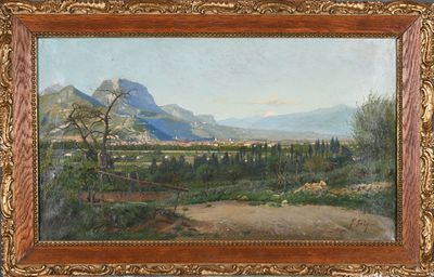 a painting of a landscape with mountains in the background