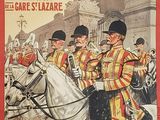painting of a group of men in uniform riding on horses in front of a building