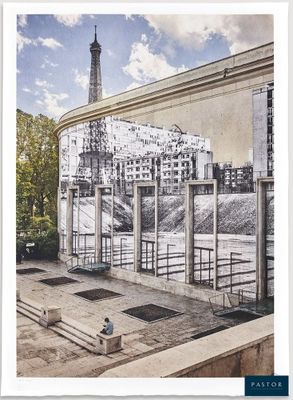 an image of a person sitting on a bench in front of the eiffel tower