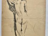 an old drawing of a nude woman standing on a wooden table