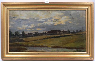 l'image d'un tableau représentant un paysage avec une maison au loin
