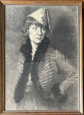 a painting of a woman in a hat and fur coat