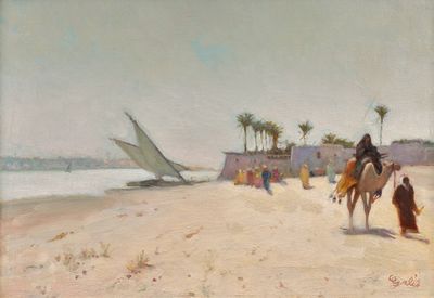 un tableau représentant un homme à cheval sur la plage