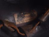 a close up view of a leather hat with a label on it