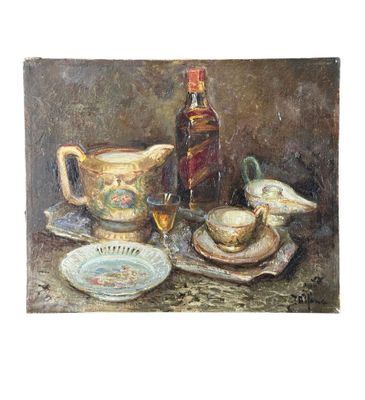 a painting of a still life with tea cups and saucers on a table