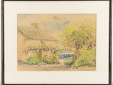 painting of a house with a fence and flowers in front of it