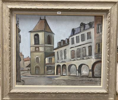 un tableau représentant une tour horloge au cœur d'une ville