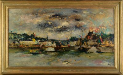 une peinture à l'huile d'une scène portuaire avec des bateaux dans l'eau
