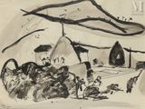 dessin représentant un dessin en noir et blanc d'une montagne et d'une maison